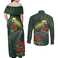 Meri Kirihimete Kakapo Couples Matching Off Shoulder Maxi Dress and Long Sleeve Button Shirt Green Silver Fern Christmas Vibe LT9 - Polynesian Pride
