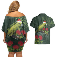 Meri Kirihimete Kakapo Couples Matching Off Shoulder Short Dress and Hawaiian Shirt Green Silver Fern Christmas Vibe LT9 - Polynesian Pride