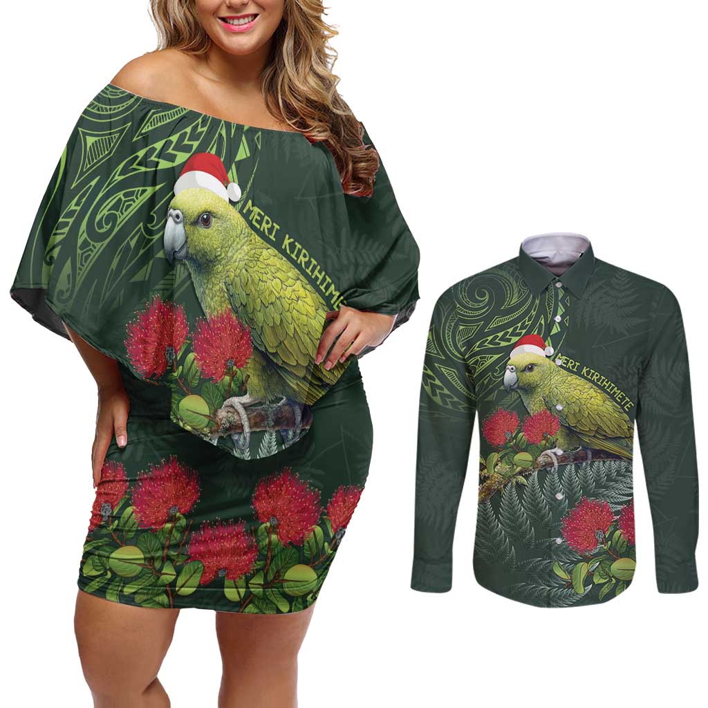 Meri Kirihimete Kakapo Couples Matching Off Shoulder Short Dress and Long Sleeve Button Shirt Green Silver Fern Christmas Vibe LT9 Green - Polynesian Pride
