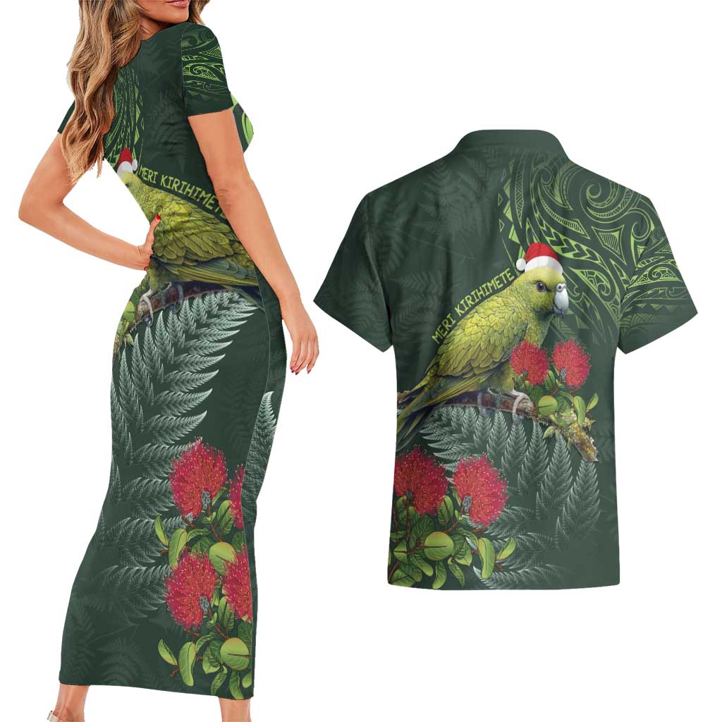Meri Kirihimete Kakapo Couples Matching Short Sleeve Bodycon Dress and Hawaiian Shirt Green Silver Fern Christmas Vibe LT9 - Polynesian Pride