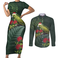 Meri Kirihimete Kakapo Couples Matching Short Sleeve Bodycon Dress and Long Sleeve Button Shirt Green Silver Fern Christmas Vibe LT9 Green - Polynesian Pride