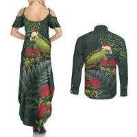 Meri Kirihimete Kakapo Couples Matching Summer Maxi Dress and Long Sleeve Button Shirt Green Silver Fern Christmas Vibe LT9 - Polynesian Pride