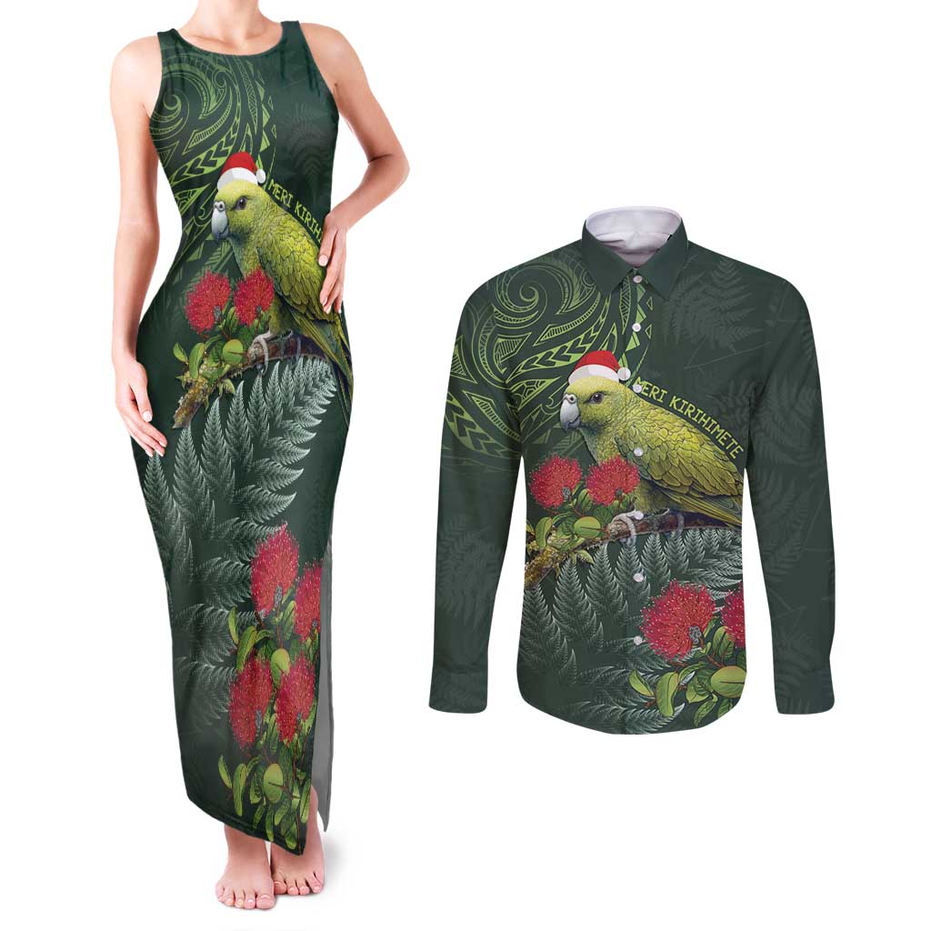 Meri Kirihimete Kakapo Couples Matching Tank Maxi Dress and Long Sleeve Button Shirt Green Silver Fern Christmas Vibe LT9 Green - Polynesian Pride