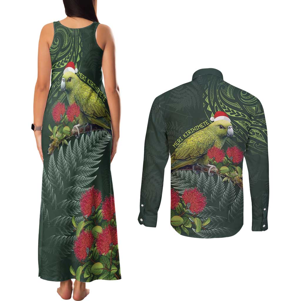 Meri Kirihimete Kakapo Couples Matching Tank Maxi Dress and Long Sleeve Button Shirt Green Silver Fern Christmas Vibe LT9 - Polynesian Pride