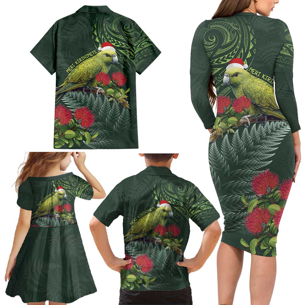 Meri Kirihimete Kakapo Family Matching Long Sleeve Bodycon Dress and Hawaiian Shirt Green Silver Fern Christmas Vibe LT9 - Polynesian Pride