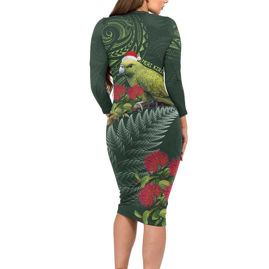 Meri Kirihimete Kakapo Family Matching Long Sleeve Bodycon Dress and Hawaiian Shirt Green Silver Fern Christmas Vibe LT9 - Polynesian Pride