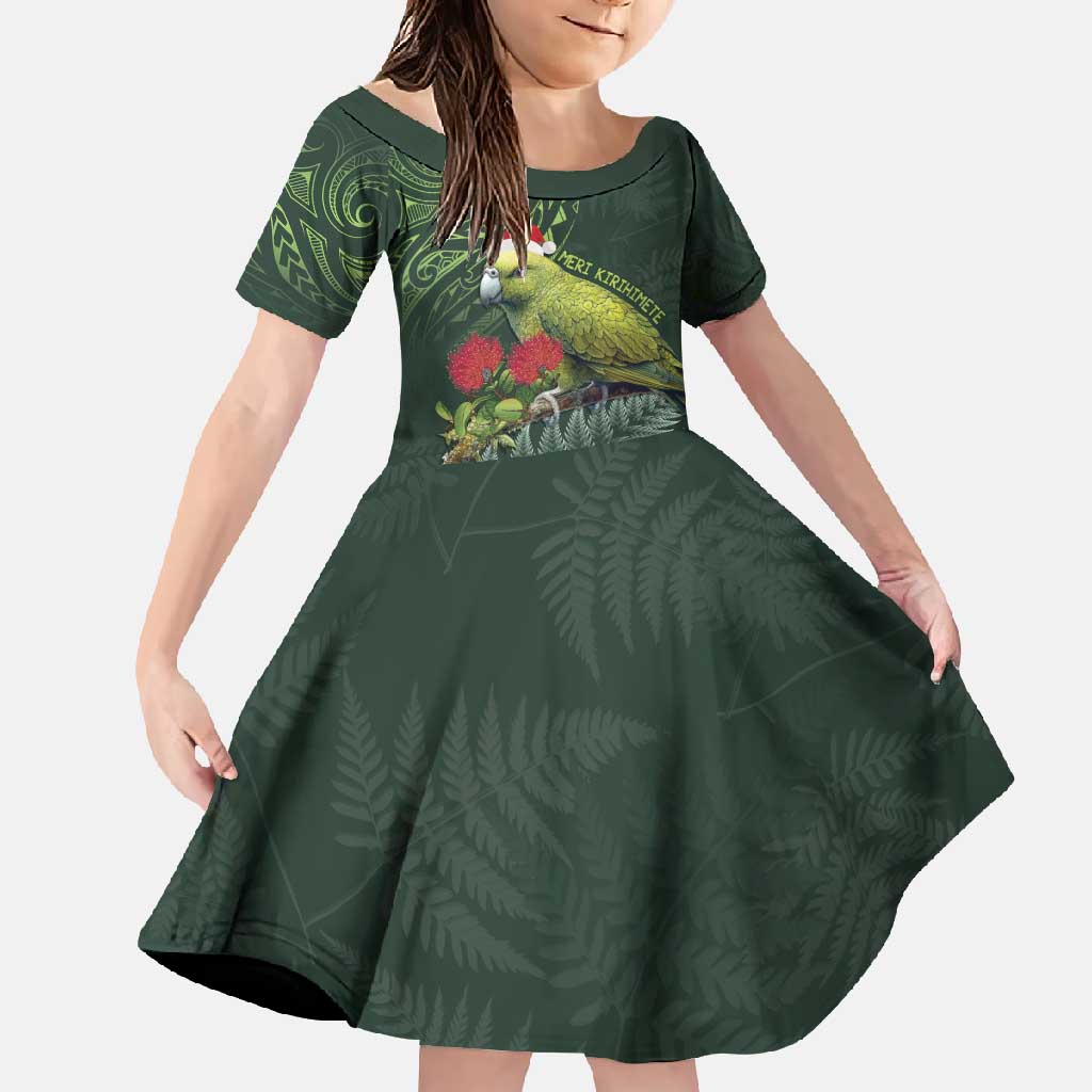 Meri Kirihimete Kakapo Family Matching Mermaid Dress and Hawaiian Shirt Green Silver Fern Christmas Vibe LT9 Daughter's Dress Green - Polynesian Pride