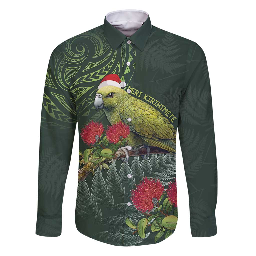 Meri Kirihimete Kakapo Family Matching Mermaid Dress and Hawaiian Shirt Green Silver Fern Christmas Vibe LT9 Dad's Shirt - Long Sleeve Green - Polynesian Pride
