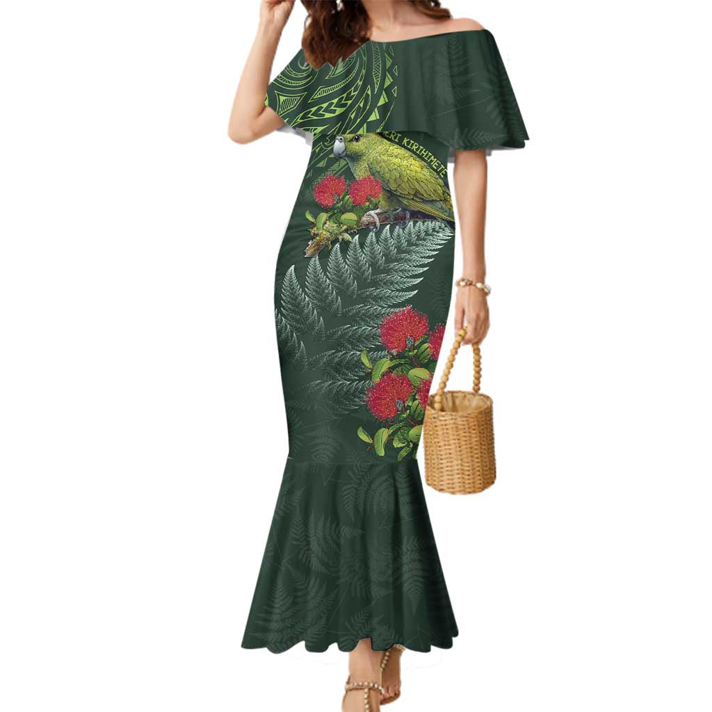 Meri Kirihimete Kakapo Family Matching Mermaid Dress and Hawaiian Shirt Green Silver Fern Christmas Vibe LT9 Mom's Dress Green - Polynesian Pride