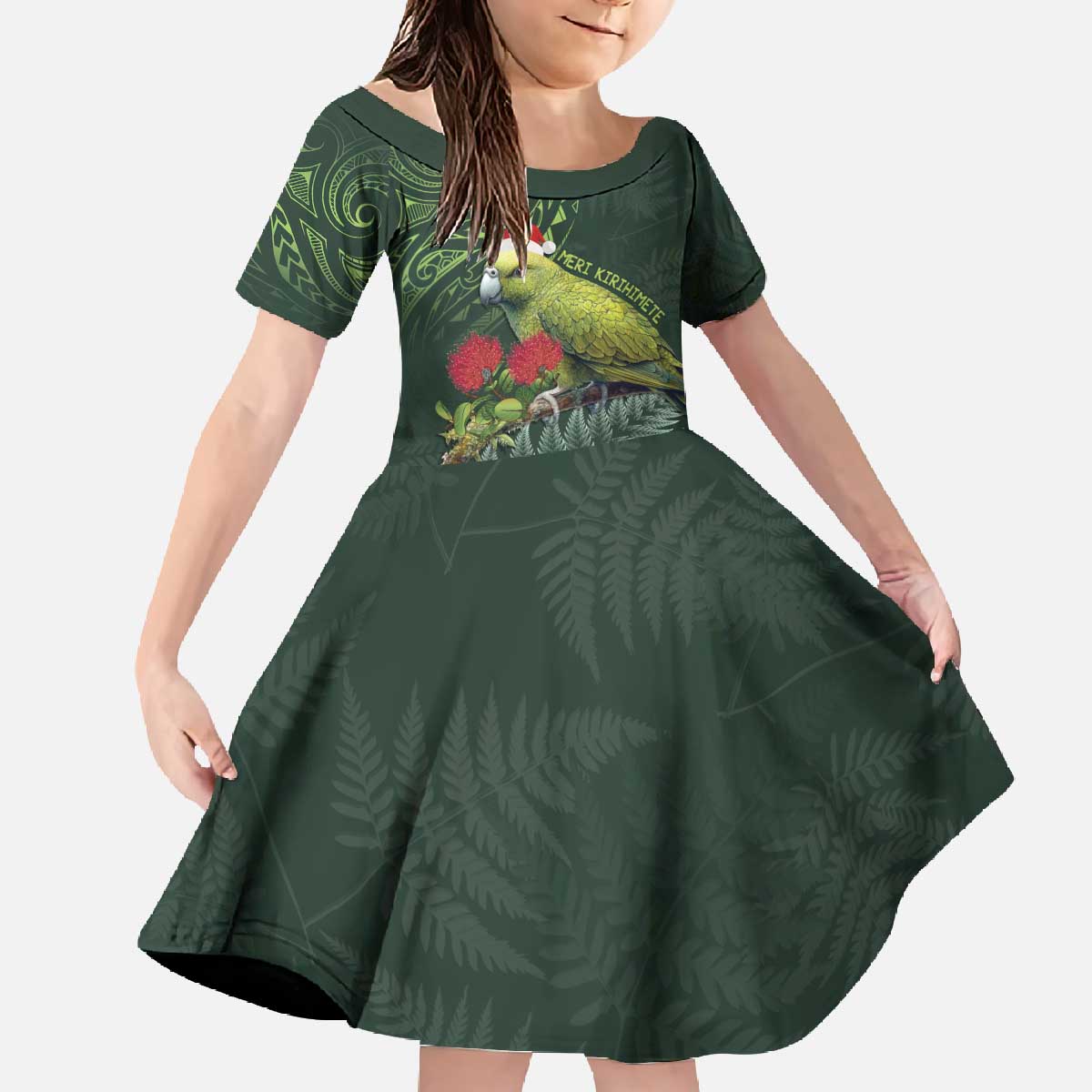 Meri Kirihimete Kakapo Family Matching Off The Shoulder Long Sleeve Dress and Hawaiian Shirt Green Silver Fern Christmas Vibe LT9 Daughter's Dress Green - Polynesian Pride