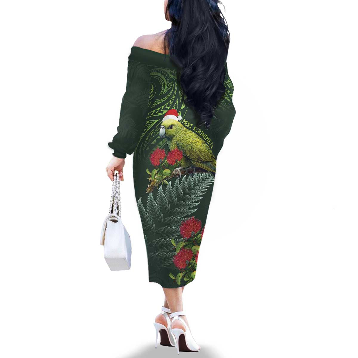 Meri Kirihimete Kakapo Family Matching Off The Shoulder Long Sleeve Dress and Hawaiian Shirt Green Silver Fern Christmas Vibe LT9 - Polynesian Pride