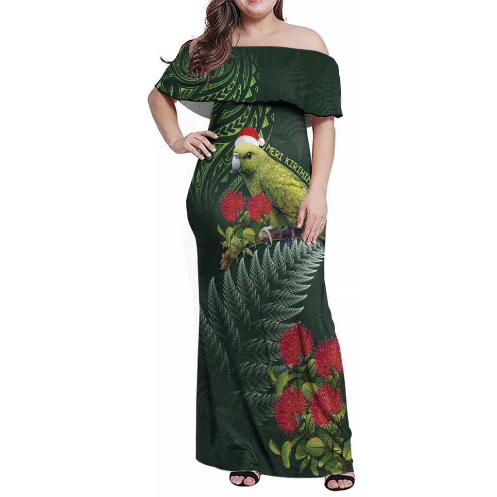 Meri Kirihimete Kakapo Family Matching Off Shoulder Maxi Dress and Hawaiian Shirt Green Silver Fern Christmas Vibe LT9 Mom's Dress Green - Polynesian Pride