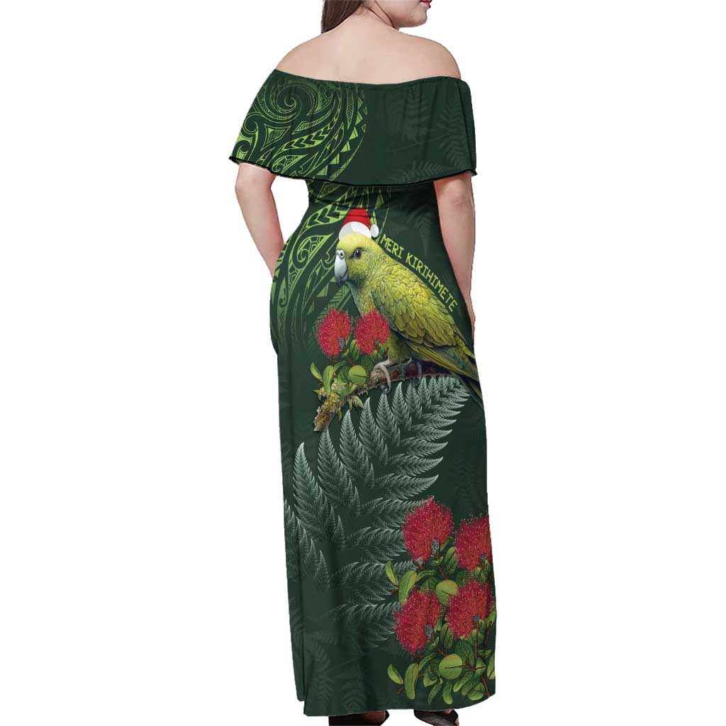 Meri Kirihimete Kakapo Family Matching Off Shoulder Maxi Dress and Hawaiian Shirt Green Silver Fern Christmas Vibe LT9 - Polynesian Pride
