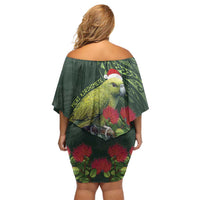 Meri Kirihimete Kakapo Family Matching Off Shoulder Short Dress and Hawaiian Shirt Green Silver Fern Christmas Vibe LT9 - Polynesian Pride