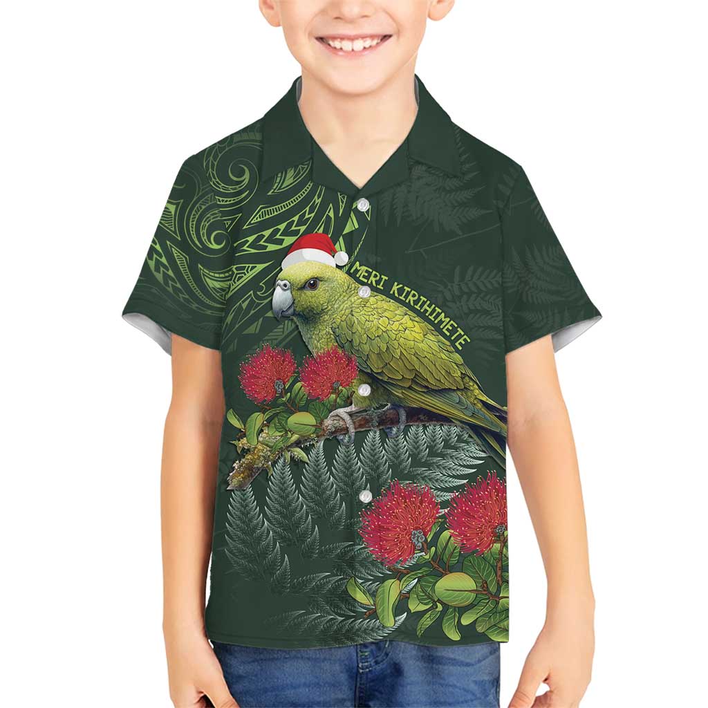 Meri Kirihimete Kakapo Family Matching Off Shoulder Short Dress and Hawaiian Shirt Green Silver Fern Christmas Vibe LT9 Son's Shirt Green - Polynesian Pride