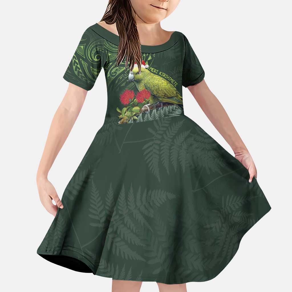 Meri Kirihimete Kakapo Family Matching Puletasi and Hawaiian Shirt Green Silver Fern Christmas Vibe LT9 Daughter's Dress Green - Polynesian Pride