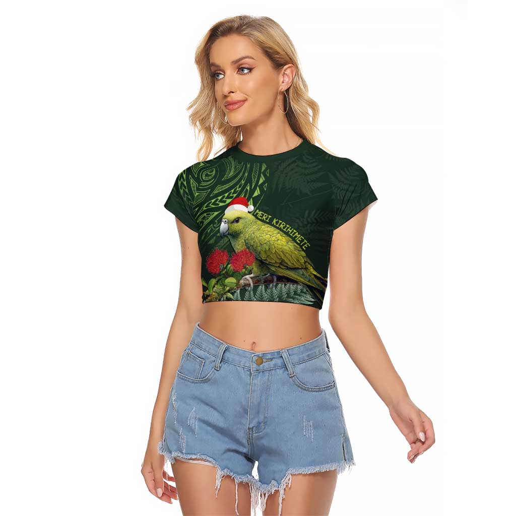Meri Kirihimete Kakapo Raglan Cropped T Shirt Green Silver Fern Christmas Vibe