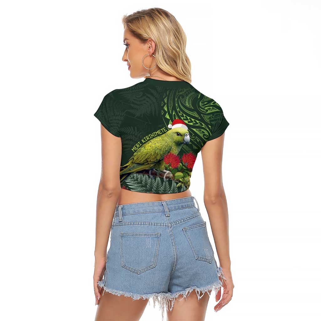 Meri Kirihimete Kakapo Raglan Cropped T Shirt Green Silver Fern Christmas Vibe
