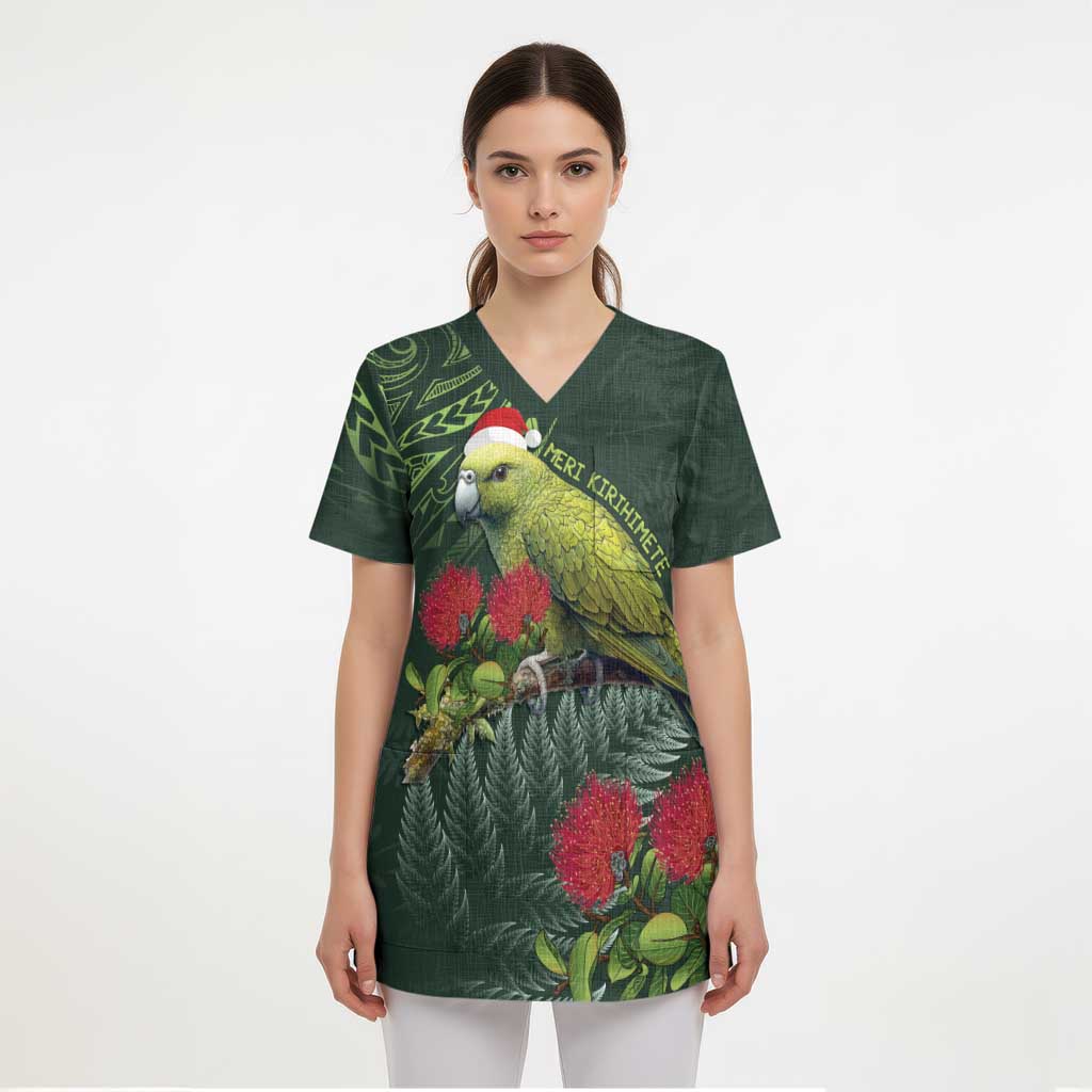 Meri Kirihimete Kakapo Scrub Top Green Silver Fern Christmas Vibe - Polynesian Pride