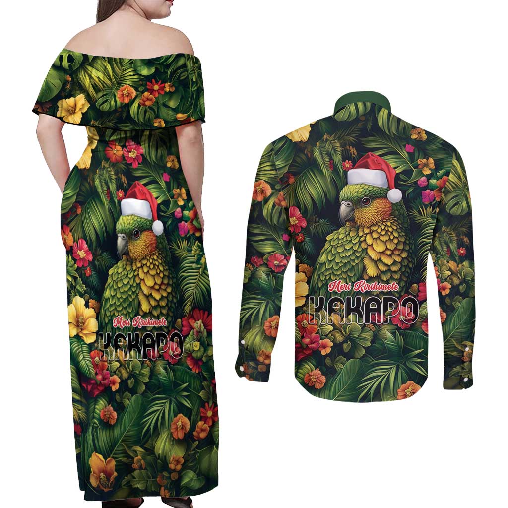 Meri Kirihimete Kakapo Couples Matching Off Shoulder Maxi Dress and Long Sleeve Button Shirt New Zealand Christmas with Tropical Vibe LT9 - Polynesian Pride