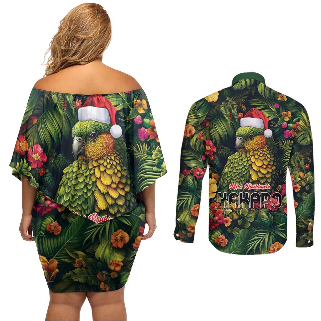 Meri Kirihimete Kakapo Couples Matching Off Shoulder Short Dress and Long Sleeve Button Shirt New Zealand Christmas with Tropical Vibe LT9 - Polynesian Pride