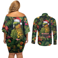 Meri Kirihimete Kakapo Couples Matching Off Shoulder Short Dress and Long Sleeve Button Shirt New Zealand Christmas with Tropical Vibe LT9 - Polynesian Pride