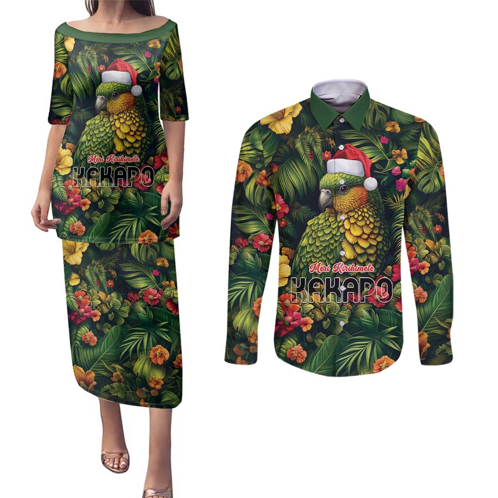 Meri Kirihimete Kakapo Couples Matching Puletasi and Long Sleeve Button Shirt New Zealand Christmas with Tropical Vibe LT9 Green - Polynesian Pride