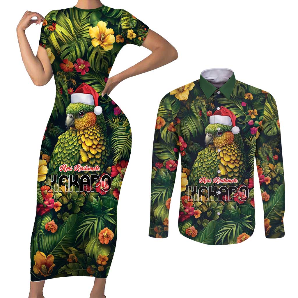 Meri Kirihimete Kakapo Couples Matching Short Sleeve Bodycon Dress and Long Sleeve Button Shirt New Zealand Christmas with Tropical Vibe LT9 Green - Polynesian Pride