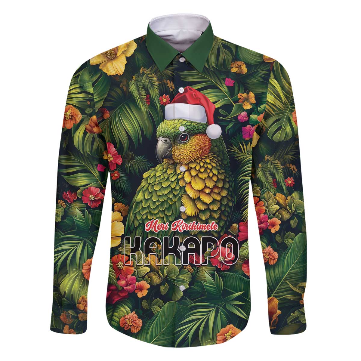 Meri Kirihimete Kakapo Family Matching Off The Shoulder Long Sleeve Dress and Hawaiian Shirt New Zealand Christmas with Tropical Vibe LT9 Dad's Shirt - Long Sleeve Green - Polynesian Pride
