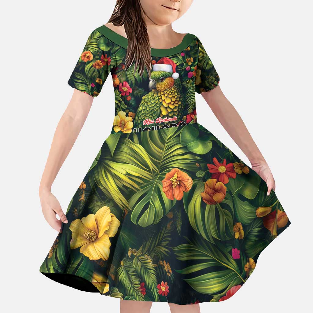 Meri Kirihimete Kakapo Family Matching Off Shoulder Maxi Dress and Hawaiian Shirt New Zealand Christmas with Tropical Vibe LT9 Daughter's Dress Green - Polynesian Pride