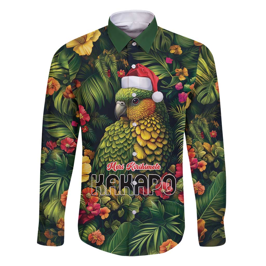 Meri Kirihimete Kakapo Family Matching Off Shoulder Maxi Dress and Hawaiian Shirt New Zealand Christmas with Tropical Vibe LT9 Dad's Shirt - Long Sleeve Green - Polynesian Pride