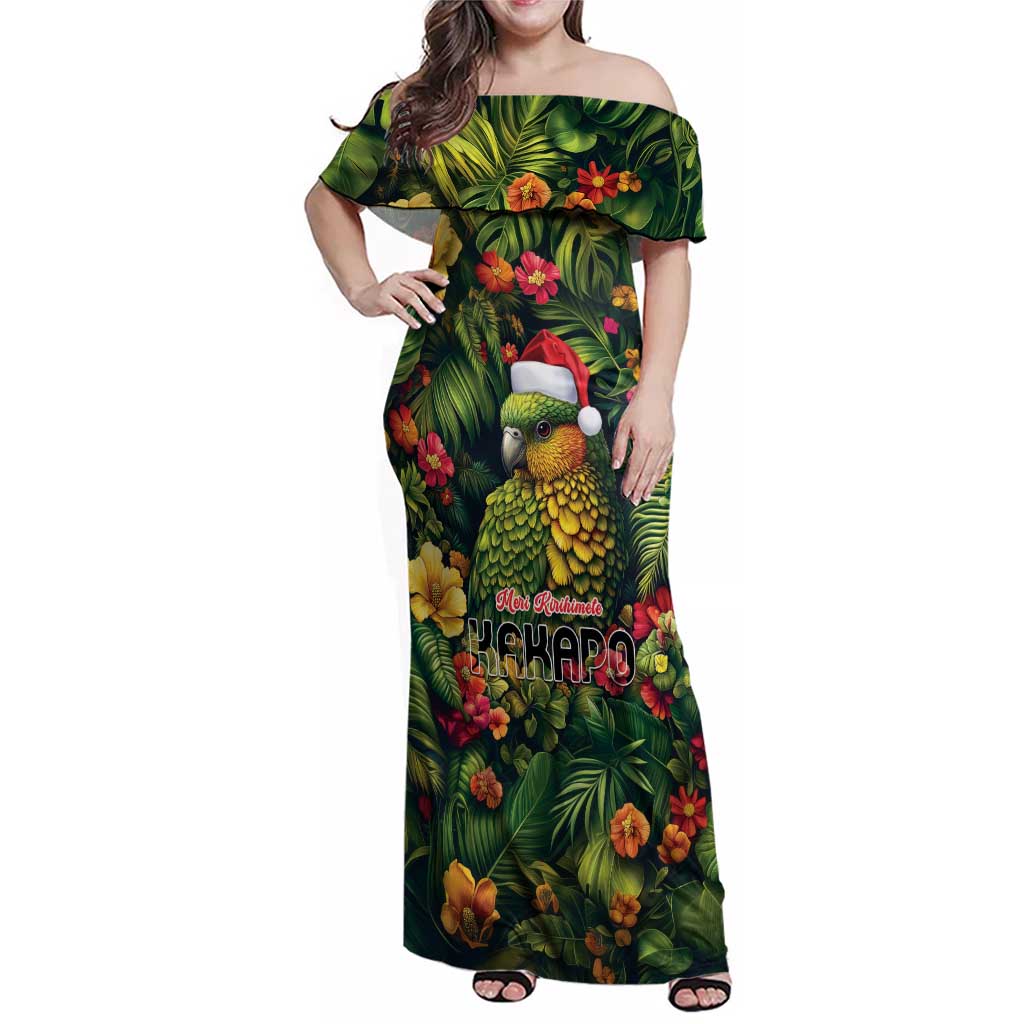 Meri Kirihimete Kakapo Family Matching Off Shoulder Maxi Dress and Hawaiian Shirt New Zealand Christmas with Tropical Vibe LT9 Mom's Dress Green - Polynesian Pride