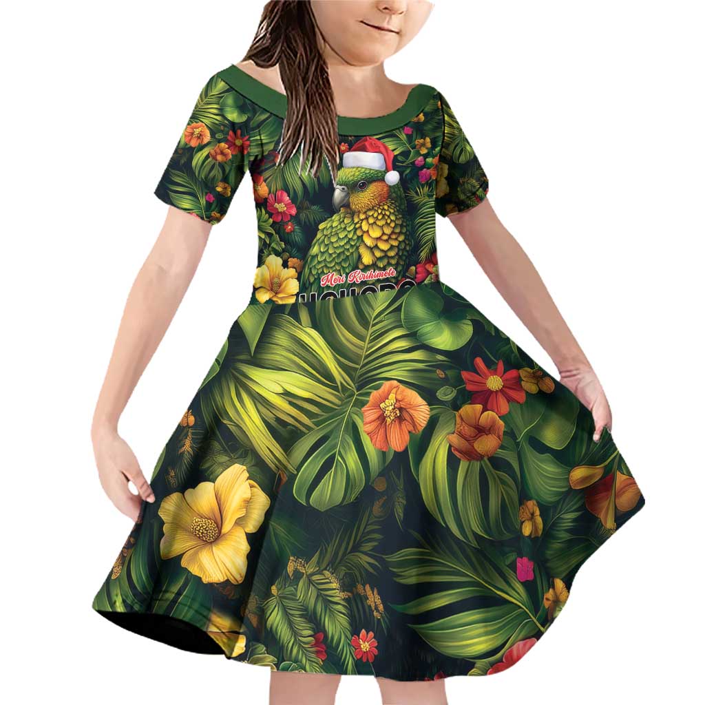 Meri Kirihimete Kakapo Family Matching Off Shoulder Short Dress and Hawaiian Shirt New Zealand Christmas with Tropical Vibe LT9 Daughter's Dress Green - Polynesian Pride
