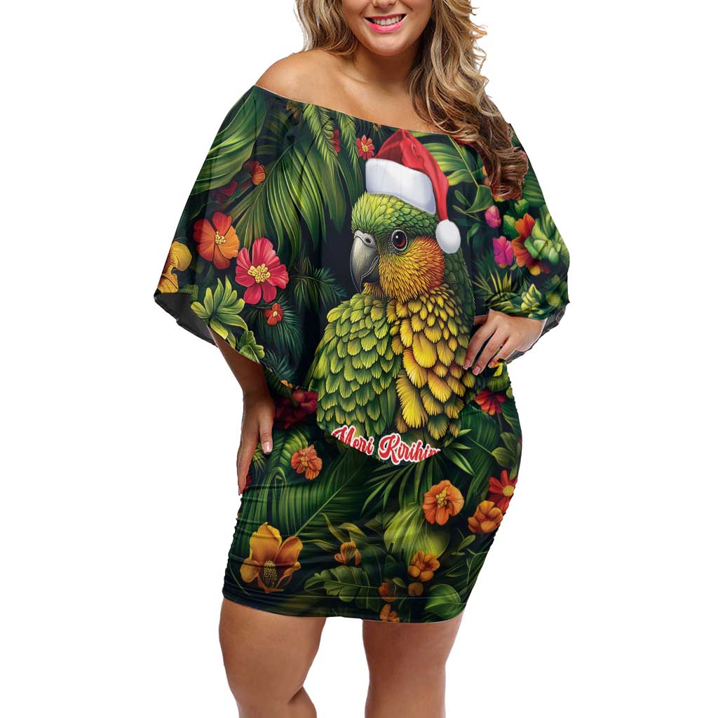 Meri Kirihimete Kakapo Family Matching Off Shoulder Short Dress and Hawaiian Shirt New Zealand Christmas with Tropical Vibe LT9 Mom's Dress Green - Polynesian Pride