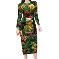 Meri Kirihimete Kakapo Long Sleeve Bodycon Dress New Zealand Christmas with Tropical Vibe LT9 Long Dress Green - Polynesian Pride