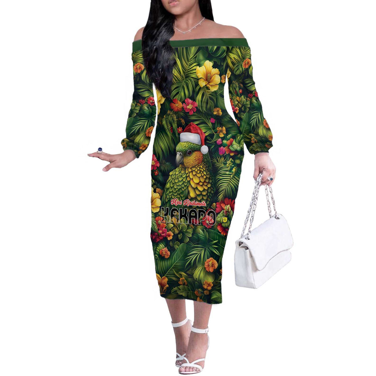 Meri Kirihimete Kakapo Off The Shoulder Long Sleeve Dress New Zealand Christmas with Tropical Vibe LT9 Women Green - Polynesian Pride