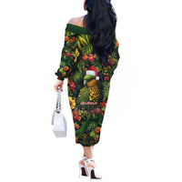 Meri Kirihimete Kakapo Off The Shoulder Long Sleeve Dress New Zealand Christmas with Tropical Vibe LT9 - Polynesian Pride