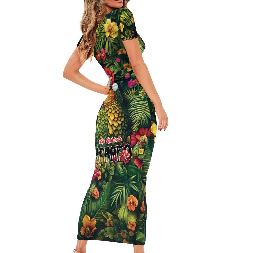 Meri Kirihimete Kakapo Short Sleeve Bodycon Dress New Zealand Christmas with Tropical Vibe LT9 - Polynesian Pride