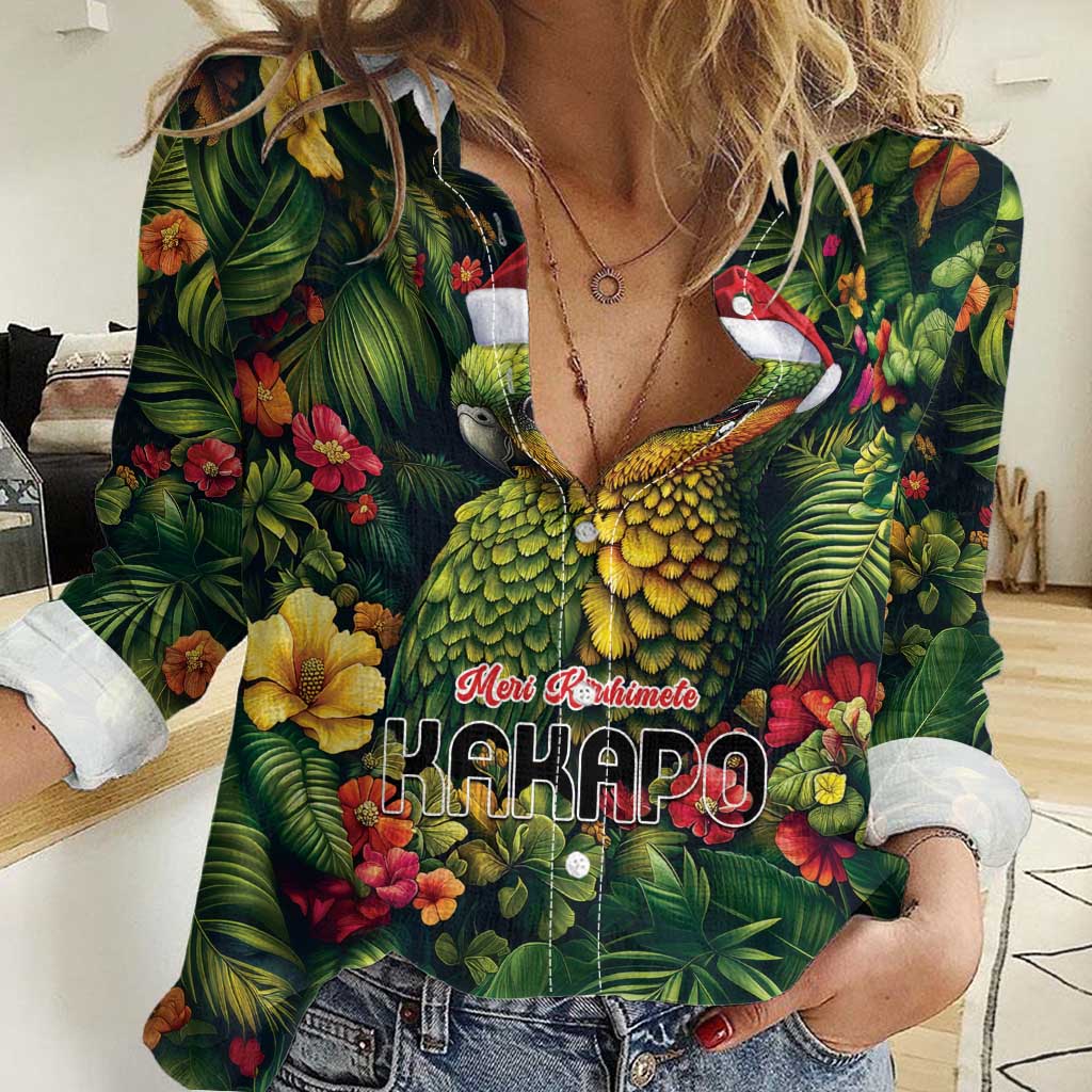 Meri Kirihimete Kakapo Women Casual Shirt New Zealand Christmas with Tropical Vibe LT9 Female Green - Polynesian Pride