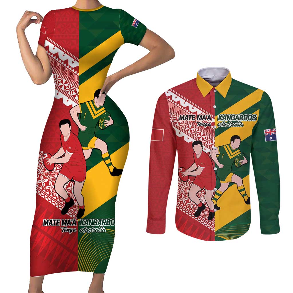 Australia-Tonga Rugby Pacific Custom Couples Matching Short Sleeve Bodycon Dress and Long Sleeve Button Shirt The Kangaroos and Mate Ma'a Tonga