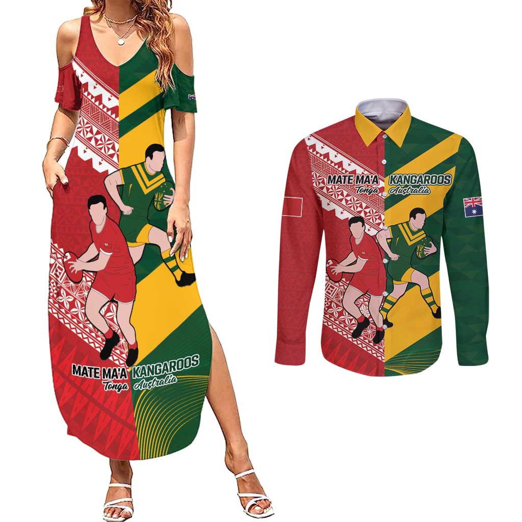 Australia-Tonga Rugby Pacific Custom Couples Matching Summer Maxi Dress and Long Sleeve Button Shirt The Kangaroos and Mate Ma'a Tonga