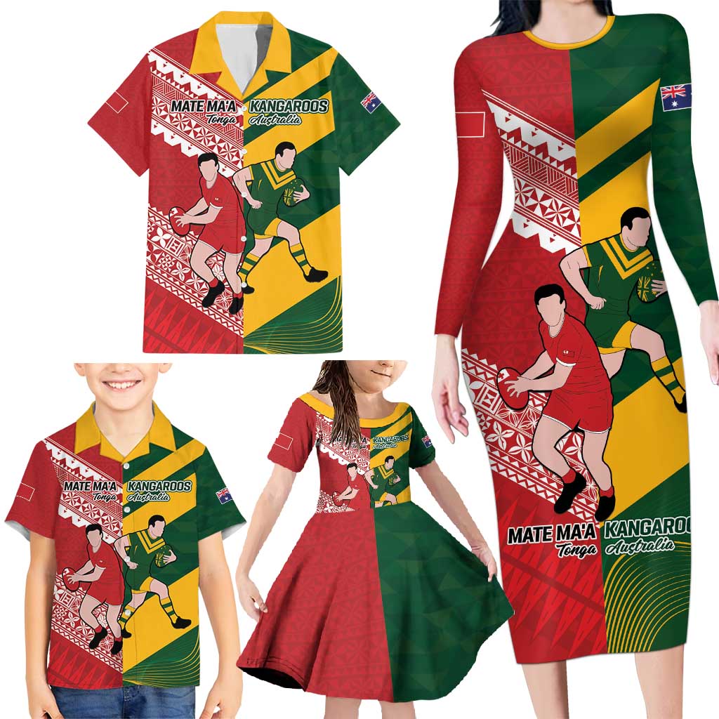 Australia-Tonga Rugby Pacific Custom Family Matching Long Sleeve Bodycon Dress and Hawaiian Shirt The Kangaroos and Mate Ma'a Tonga LT9 - Polynesian Pride
