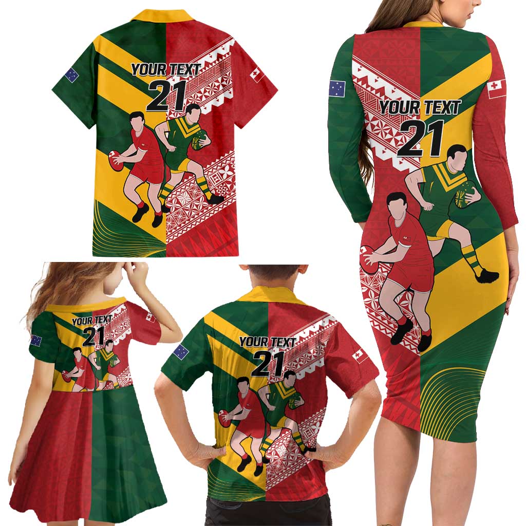 Australia-Tonga Rugby Pacific Custom Family Matching Long Sleeve Bodycon Dress and Hawaiian Shirt The Kangaroos and Mate Ma'a Tonga LT9 - Polynesian Pride