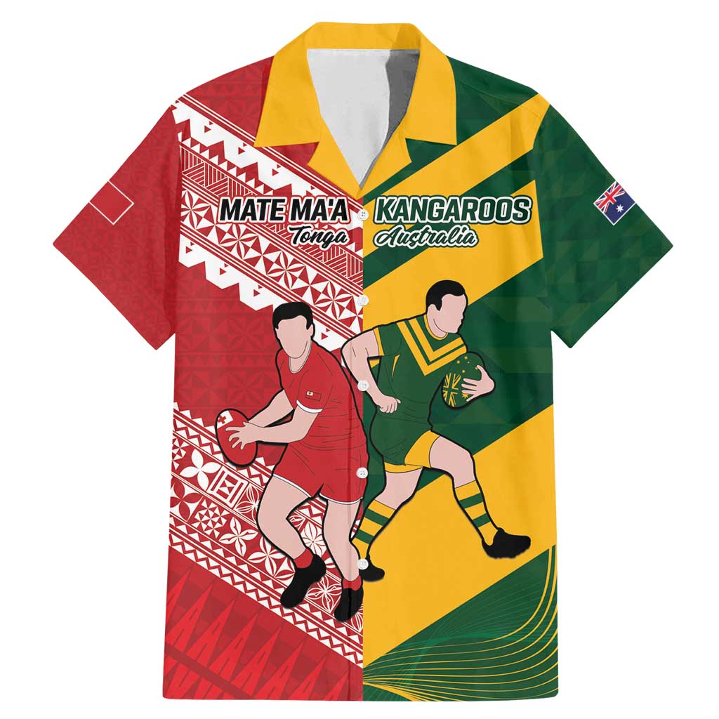 Australia-Tonga Rugby Pacific Custom Family Matching Mermaid Dress and Hawaiian Shirt The Kangaroos and Mate Ma'a Tonga LT9 Dad's Shirt - Short Sleeve Red-Green - Polynesian Pride