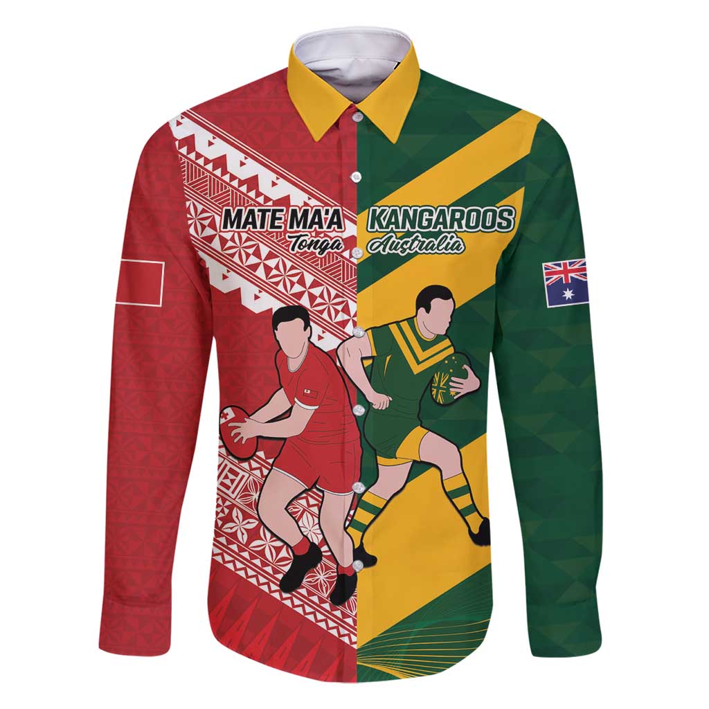Australia-Tonga Rugby Pacific Custom Family Matching Mermaid Dress and Hawaiian Shirt The Kangaroos and Mate Ma'a Tonga LT9 Dad's Shirt - Long Sleeve Red-Green - Polynesian Pride