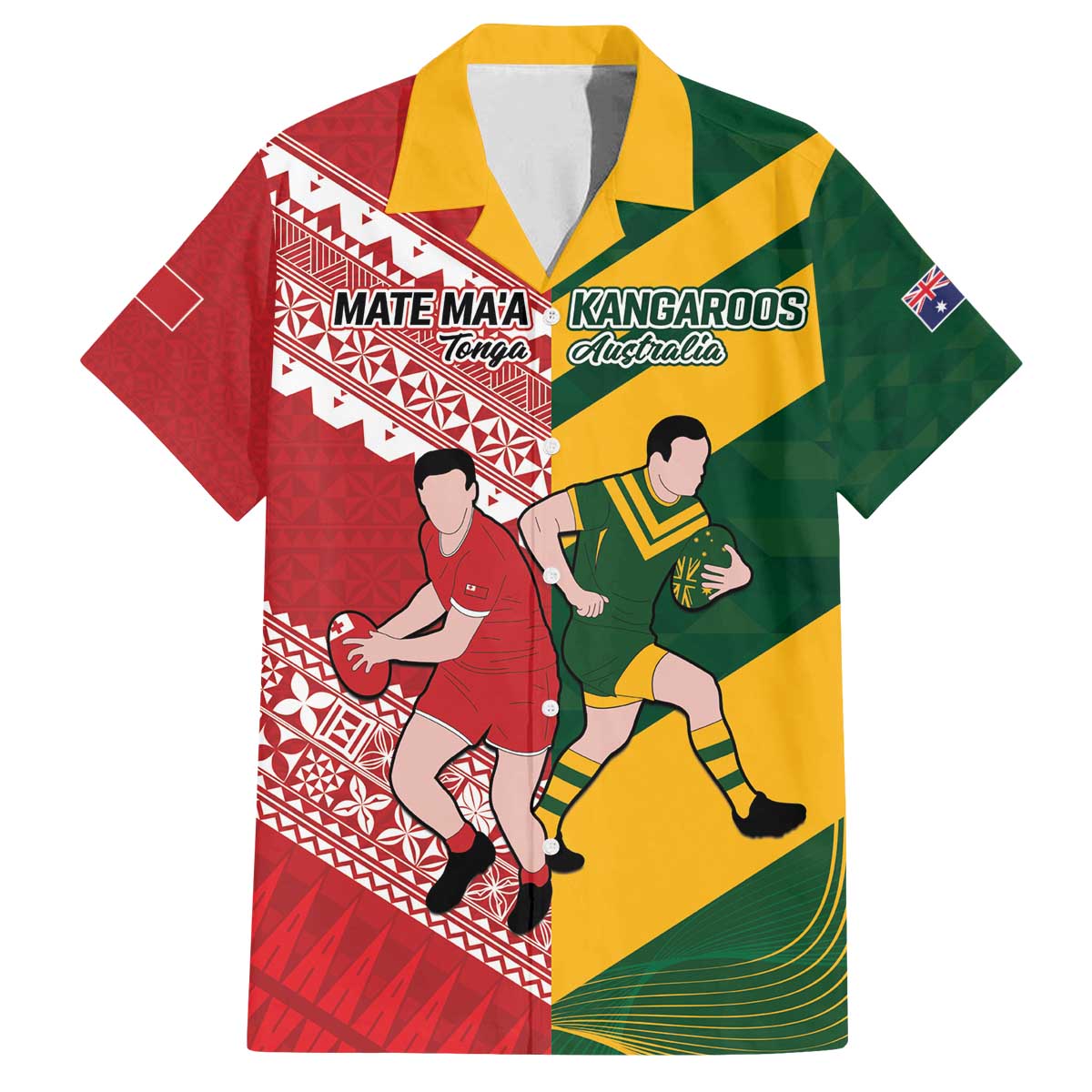 Australia-Tonga Rugby Pacific Custom Family Matching Off The Shoulder Long Sleeve Dress and Hawaiian Shirt The Kangaroos and Mate Ma'a Tonga LT9 Dad's Shirt - Short Sleeve Red-Green - Polynesian Pride
