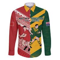 Australia-Tonga Rugby Pacific Custom Family Matching Off The Shoulder Long Sleeve Dress and Hawaiian Shirt The Kangaroos and Mate Ma'a Tonga LT9 Dad's Shirt - Long Sleeve Red-Green - Polynesian Pride