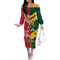 Australia-Tonga Rugby Pacific Custom Family Matching Off The Shoulder Long Sleeve Dress and Hawaiian Shirt The Kangaroos and Mate Ma'a Tonga LT9 Mom's Dress Red-Green - Polynesian Pride