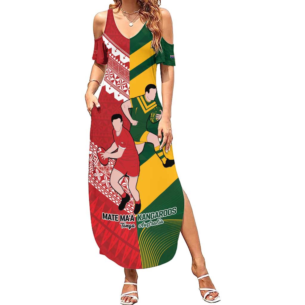 Australia-Tonga Rugby Pacific Custom Family Matching Summer Maxi Dress and Hawaiian Shirt The Kangaroos and Mate Ma'a Tonga