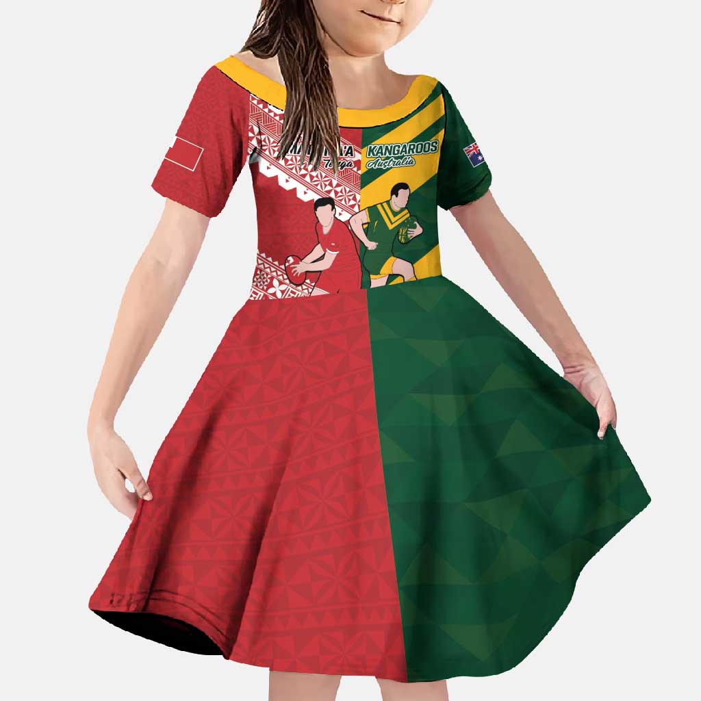 Australia-Tonga Rugby Pacific Custom Family Matching Tank Maxi Dress and Hawaiian Shirt The Kangaroos and Mate Ma'a Tonga LT9 Daughter's Dress Red-Green - Polynesian Pride